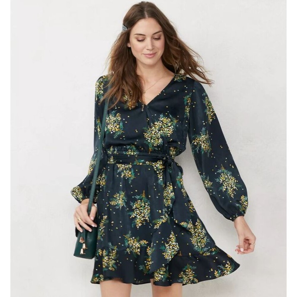 Lauren Conrad Black Floral Balloon Sleeve Wrap Dress with Belt Womens Size XS - Picture 10 of 10